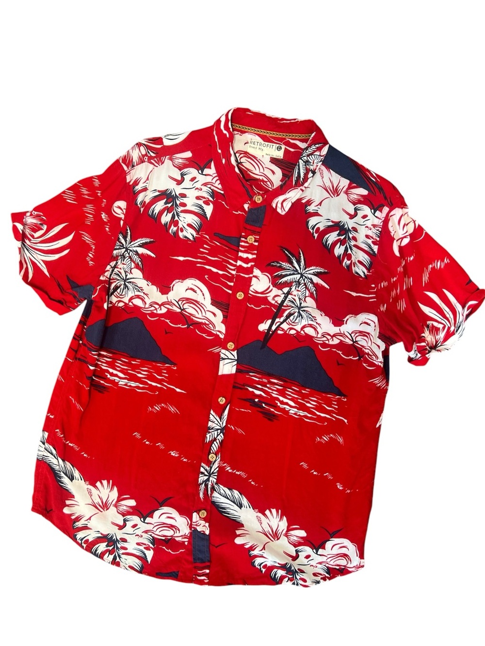 Retrofit Red and White Hawaiian Floral Camp Shirt with Black Accents Mens L
